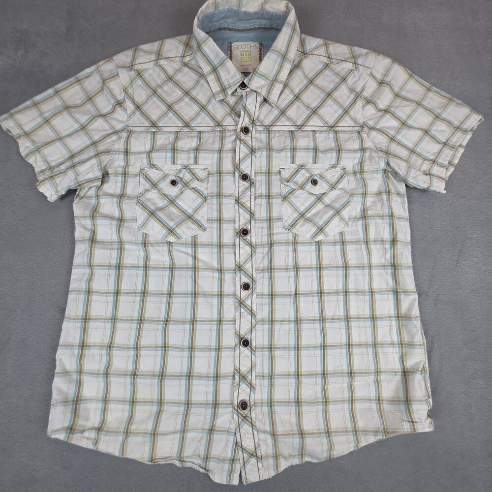 Ecoths Organic Cotton Plaid Shirt Mens Large Western Pearl Snap Short Sleeve
